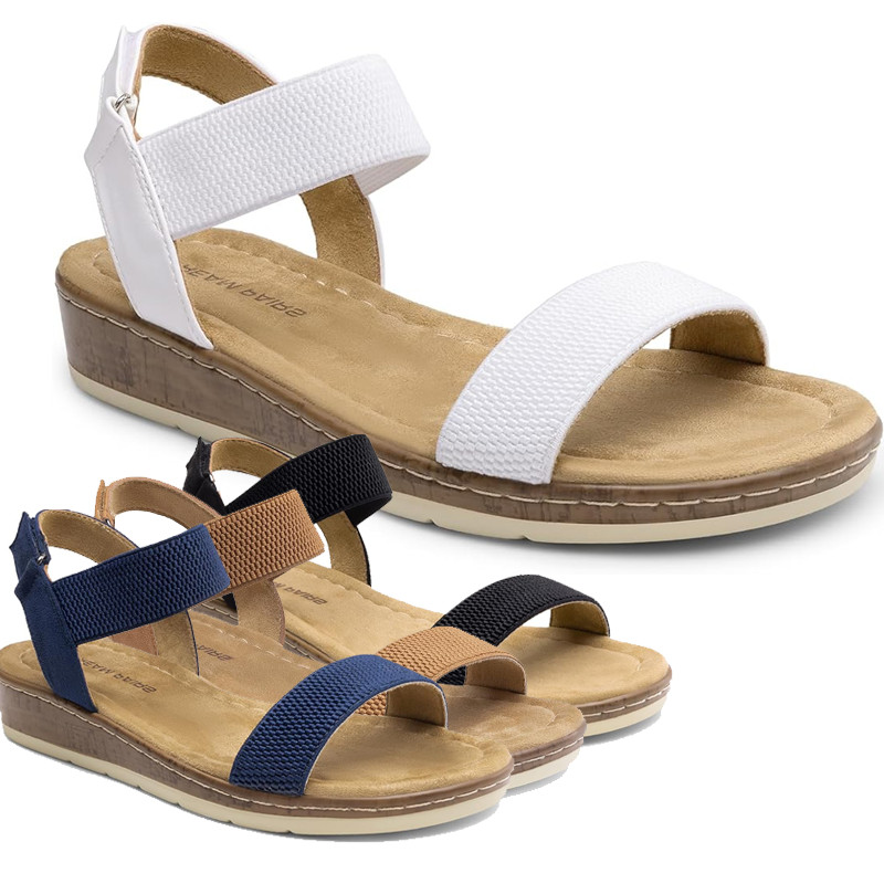 Women Ankle Strap Low Wedge Heel Summer Open Toe One Band Casual Flat Sandals