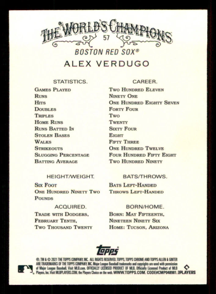 2021 Topps Allen and Ginter Chrome Refractors #57 Alex Verdugo - Image 2 of 2