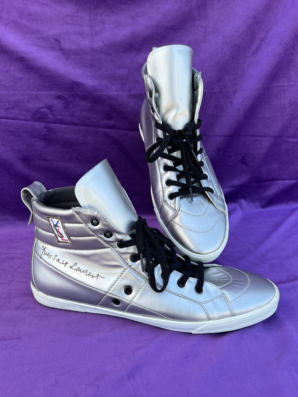 Sneaker da uomo in metallo argento con top arrotolabile Yves Saint Laurent YSL taglia 46 13 US