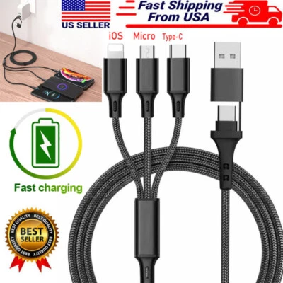 3 in 2 USB Multi-Port Universal 6A Fast Charging Type C Cell Phone Cord Cable US - Image 1 of 4