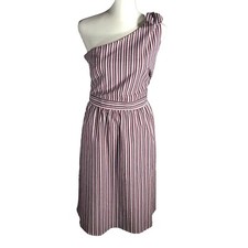 NEW Loft Dress Womens Size 8 Red Striped Seersucker One Shoulder Flared Skirt