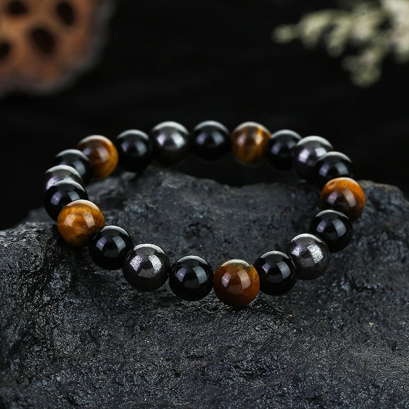 10mm Beaded Triple Protection Tiger Eye Obsidian Hematite Men
