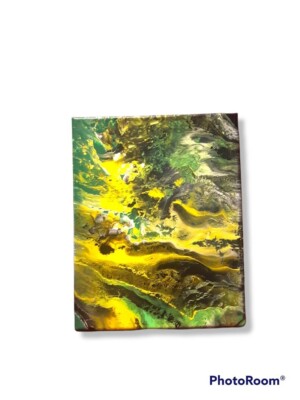 8 in x 10 in Green and Yellow Abstract Landscape Black Light Painting on Canvas