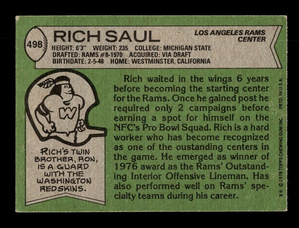 1978 Topps Football #498 Rich Saul Los Angeles Rams | eBay