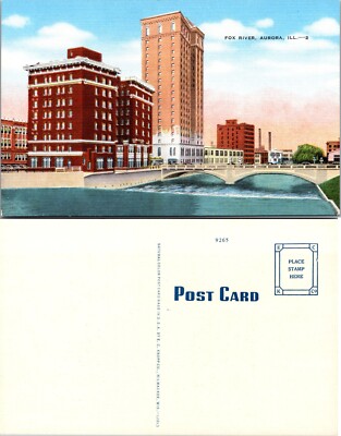Fox River Bridge and Tall Buildings Aurora Illinois IL Postcard