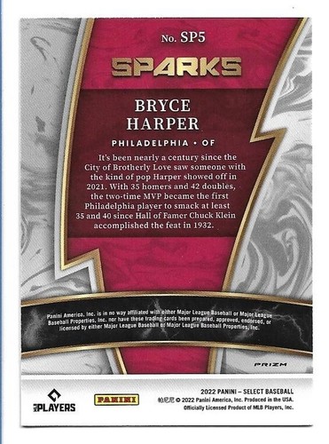 Bryce Harper 2022 Panini Select Sparks Silver Prizm #SP5 Philadelphia Phillies - Picture 2 of 2