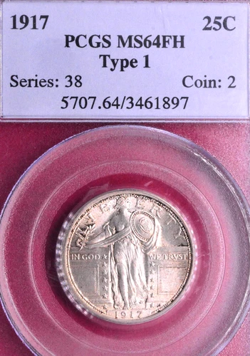 OLD SERIES HOLDER PCGS MS-64 FH FULL HEAD! 1917 TYPE 1 STANDING LIBERTY QUARTER