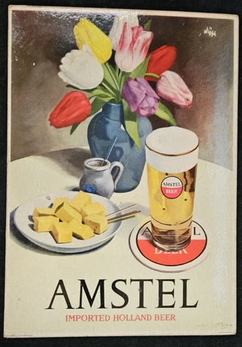 Vintage Cardboard Amstel Beer Bar Sign / Decor 11 3/4" x 8 1/2"
