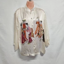 Citron Santa Monica Asian Core Satin Top Blouse Shirt Women Size L Ivory Silk