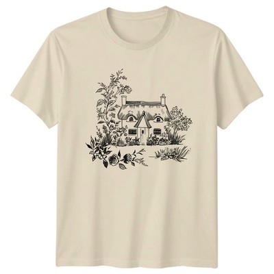 Thatched Roof Cottage Garden Sketch T-Shirt Botanical Cottage Gardening
