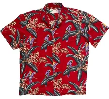Vintage Paradise Found Magnum PI Red Hawaiian Shirt Parrots Palm Trees Size XL