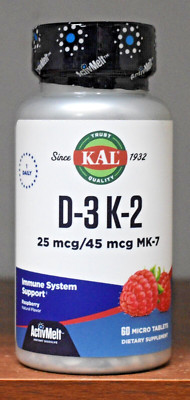 KAL D-3 K-2 60 Micro Tablets Raspberry Flavor 25 mcg 1000 iu D3 / 45 mcg MK-7 K2