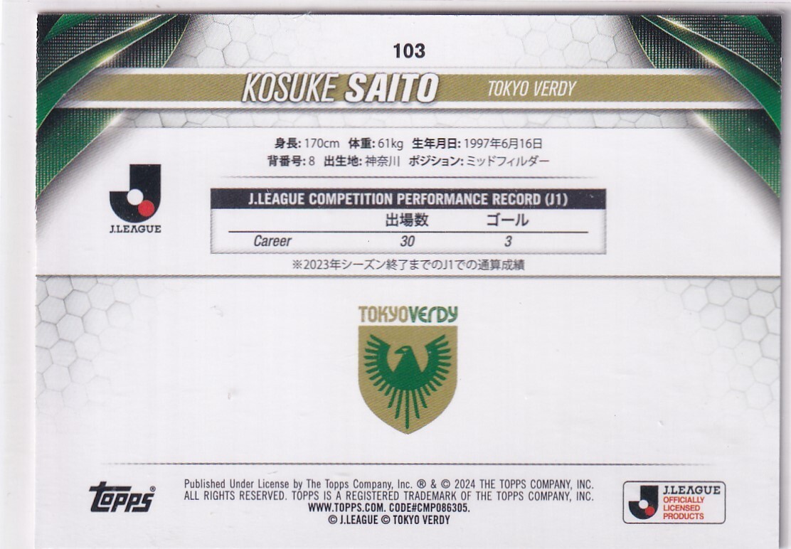 J.LEAGUE サッカー GC カード Topps 2024 J-League J.LEAGUE Soccer No. 103 Kosuke Saito Holo