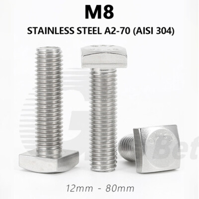 M8 Square Head Bolts T Slot Track Profile Screws T-Bolts Stainless Steel 304 A2