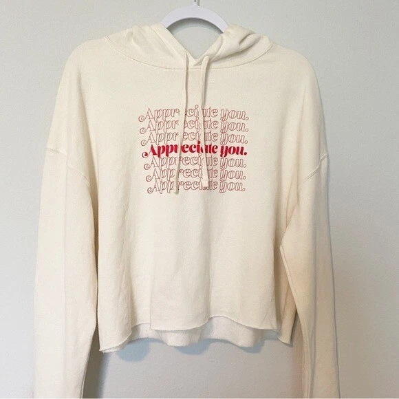 OFF WHITE Felpa con cappuccio Mr. Eatwell Apprezzate You Familiar Crop in crema formaggio taglia Large