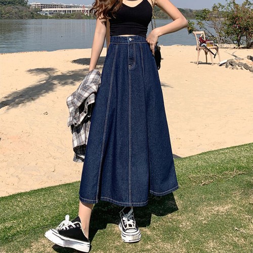 Ladies Denim Pleated Skirt High Elastic Waist Casual Loose Jean Half Dress Swing - Picture 4 of 12