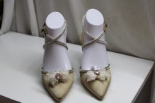 Gold Satin Rhinestone Bow Ankle Strap Pointed-Toe Bridal Special Event Pumps 6