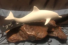 JOHN PERRY DRIFTWOOD SCULPTURE with WHITE DOLPHIN ~5”T X 10”L X4”D (EUC)