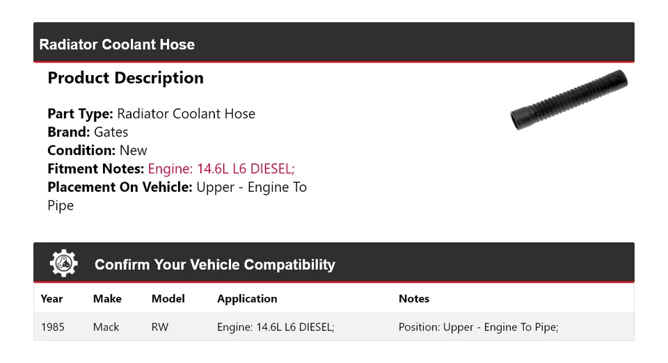 Manguera de refrigerante de radiador superior para Mack RW 1985 - puertas de motor a tubería Foto 2 de 4