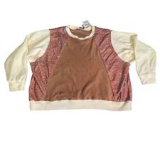 Davi & Dani womens Patchwork Velvet Sweatshirt L Beige Pink & Cream Fleece