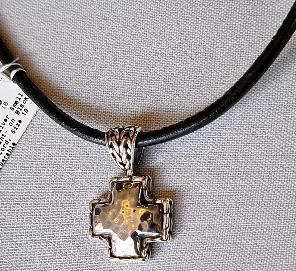 JOHN HARDY Hombre Palu 925 Plata Cruz Colgante Cuero Cordón Collar 18-20 Nuevo Foto 2 de 4