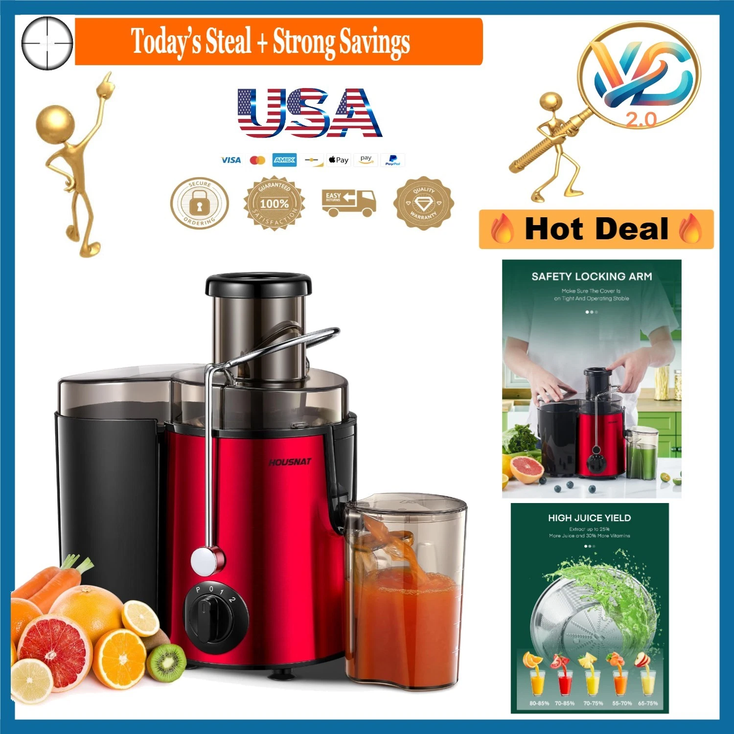 Red Centrifugal Juicer 400W 3 Speeds BPA Free Easy Clean Juice Extractor