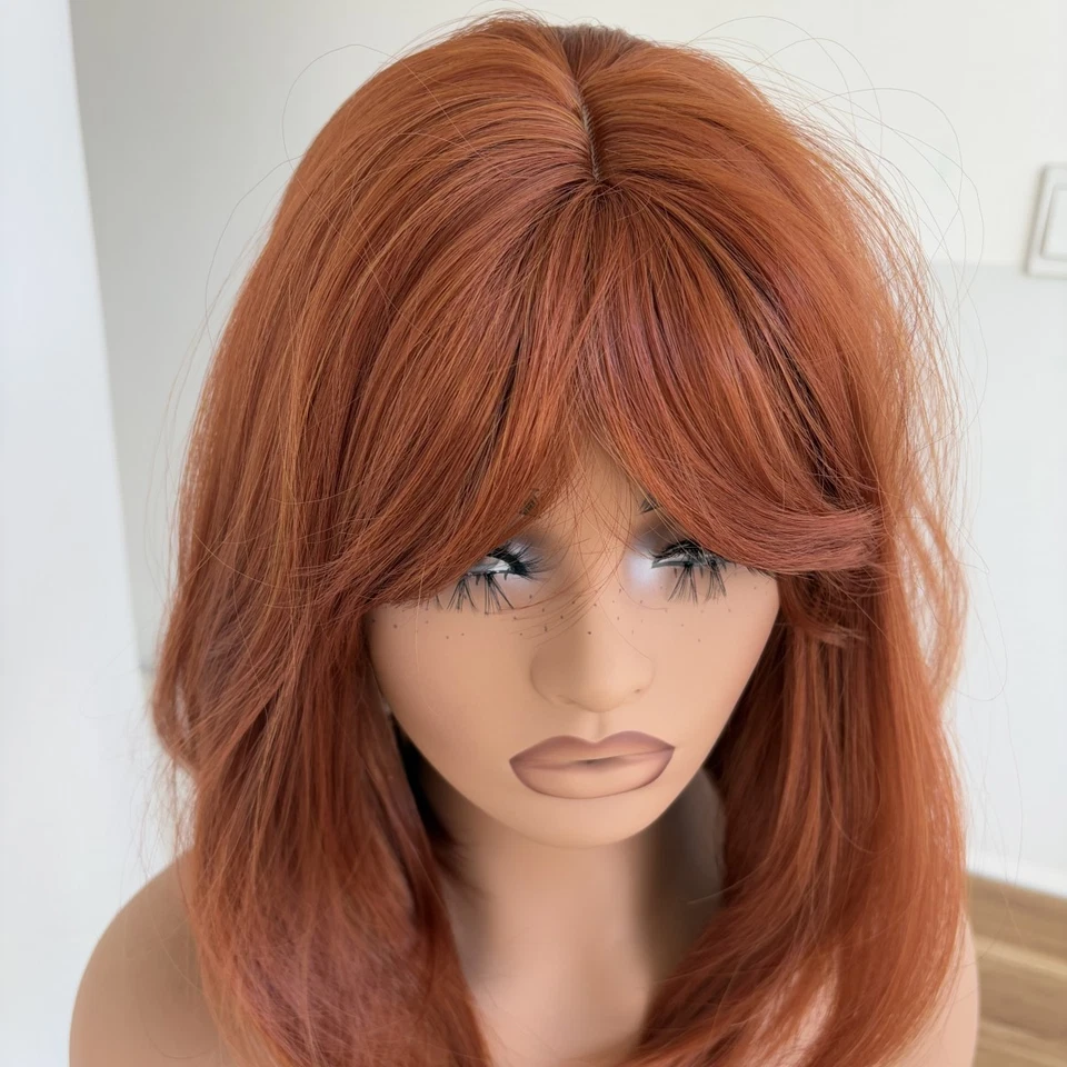 Peluca de cosplay Bob Straight resistente al calor cabello rojo cobre con flequillo natural Foto 3 de 4