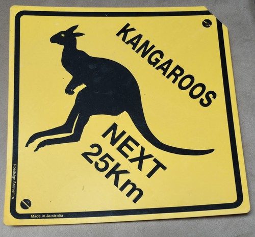 20" Kangaroos Next 25KM Yellow Plastic Sign Australian Souviner Hop Silhouette 