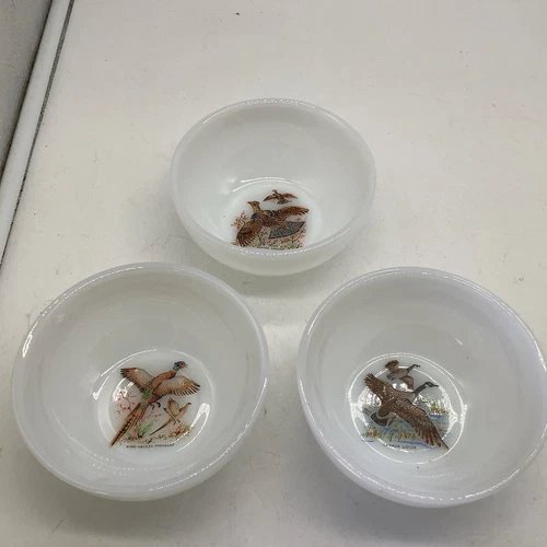 3 Fire King Oven Ware Birds Bowls Milk Glass Pheasant Goose Grouse 5x2.5 VTG