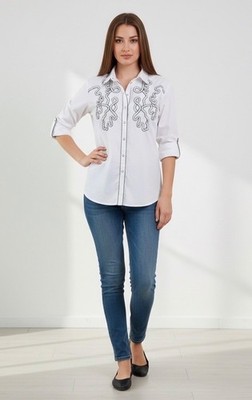 Gerry Weber Women's 8 White Gray Beaded 3/4 Sleeve Button Up Cotton/Nylon Blouse