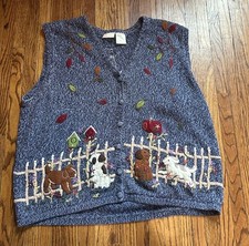 1990s Bobbie Brooks Fall Leaves Puppies Dogs Sweater Vest Size 26W Teacher Art