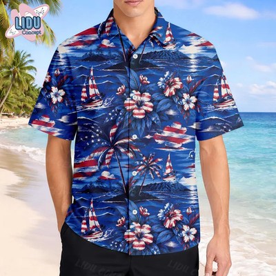 Sailboat Hibiscus Aloha American Flag Hawaiian Shirt