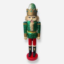 Vintage Nutcracker Sequined Green Sparkle Christmas Holiday 15" Soldier Wood
