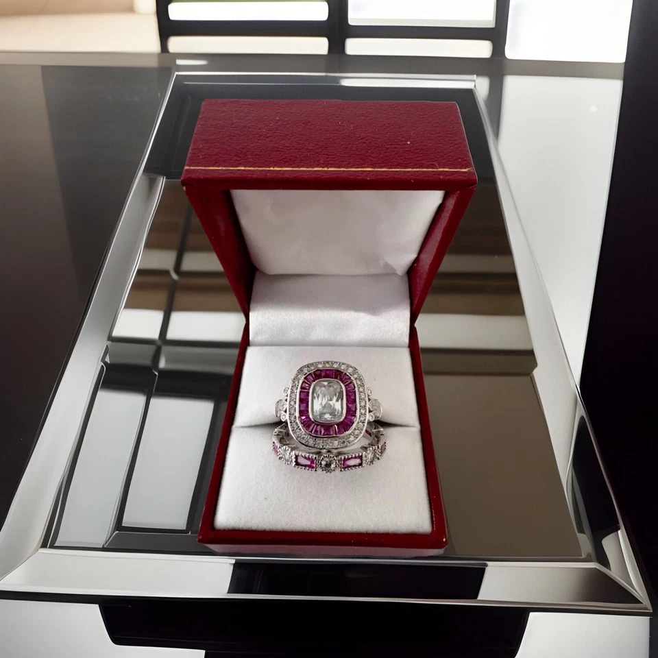 Anillo de compromiso eduardiano ArtDeco rojo y blanco circonita cúbica alianza de boda talla 8 Foto 2 de 4