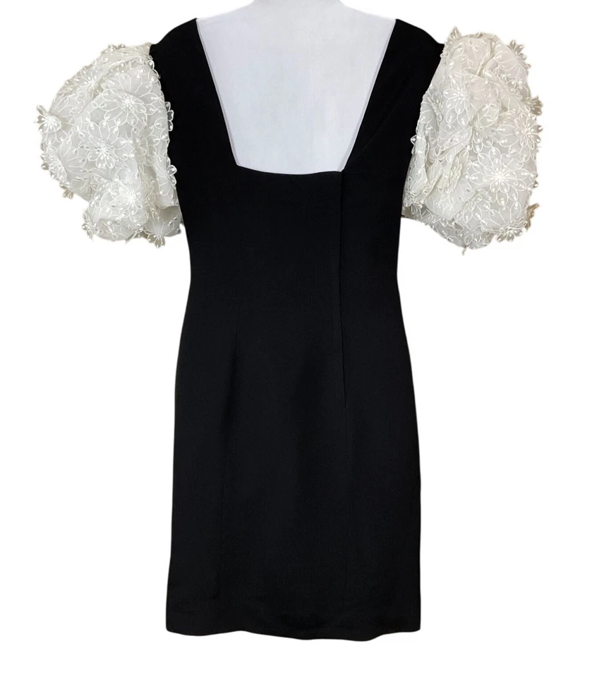 Vestido de cóctel Victor Costa de colección años 80 diseñador negro mangas abullonadas pétalos 3D talla 8 Foto 4 de 4