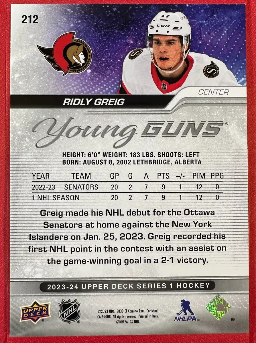 RIDLY GREIG 2023-24 UPPER DECK SERIES 1 YOUNG GUNS OUTBURST SILVER RIDLY GREIG 2023-24 UPPER DECK SERIES 1 YOUNG GUNS OUTBURST SILVER