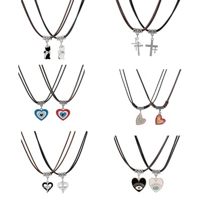 2pcs Fashion Black Rope Choker Heart Cross Pendant Necklace Couple Jewelry
