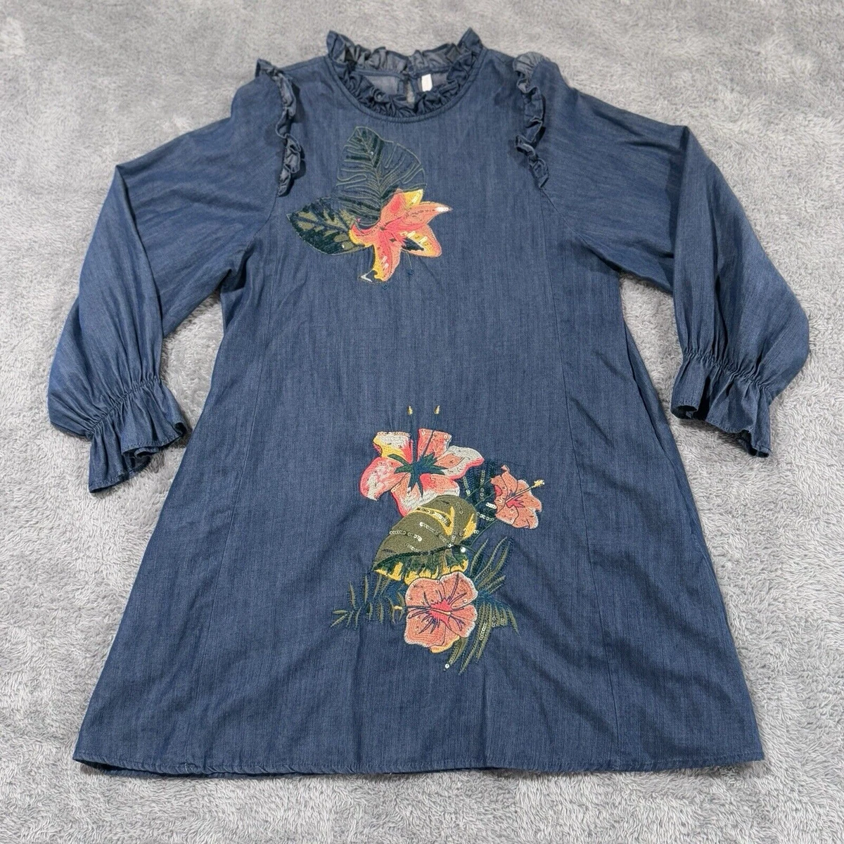 chinese dress ladies Ezapine Puff Long Sleeve Denim Dress With Bow