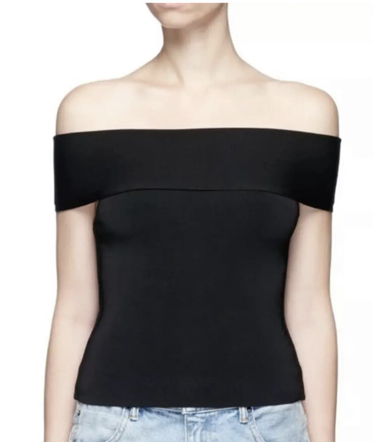 New T BY ALEXANDER WANG Needle Knit Off Shoulder Cropped Top Black SZ S