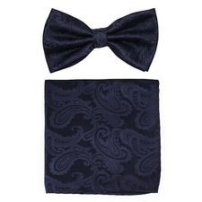 New Brand Q men's pre-tied bow tie  hankie paisley micro fiber formal navy blue