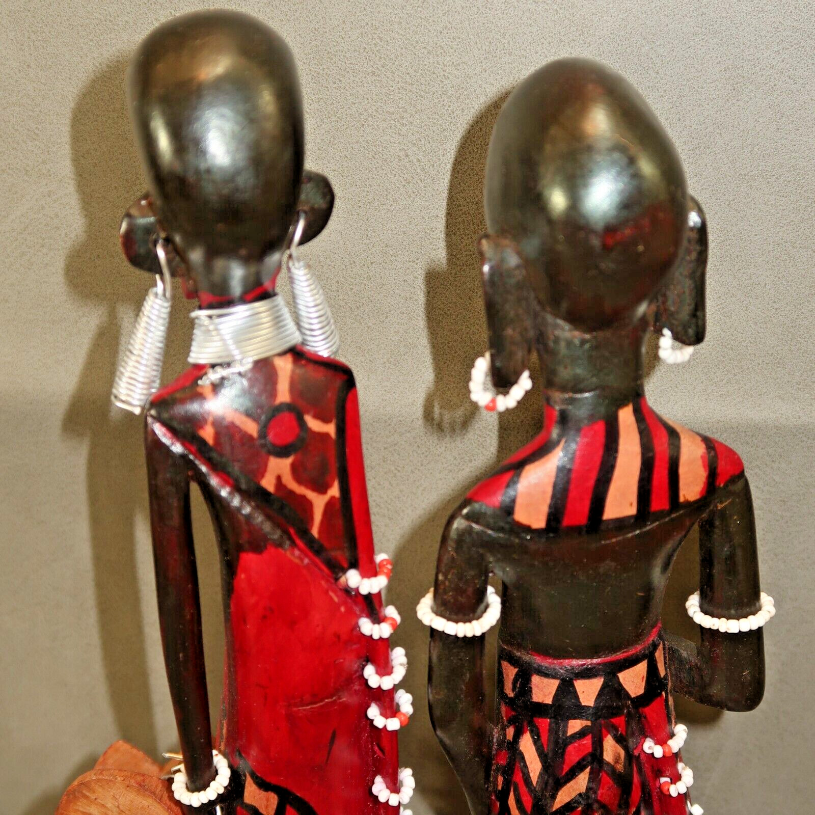 PAIR of Maasai African Mahogany Wood Woman and Man Beaded Figures Carved 12"