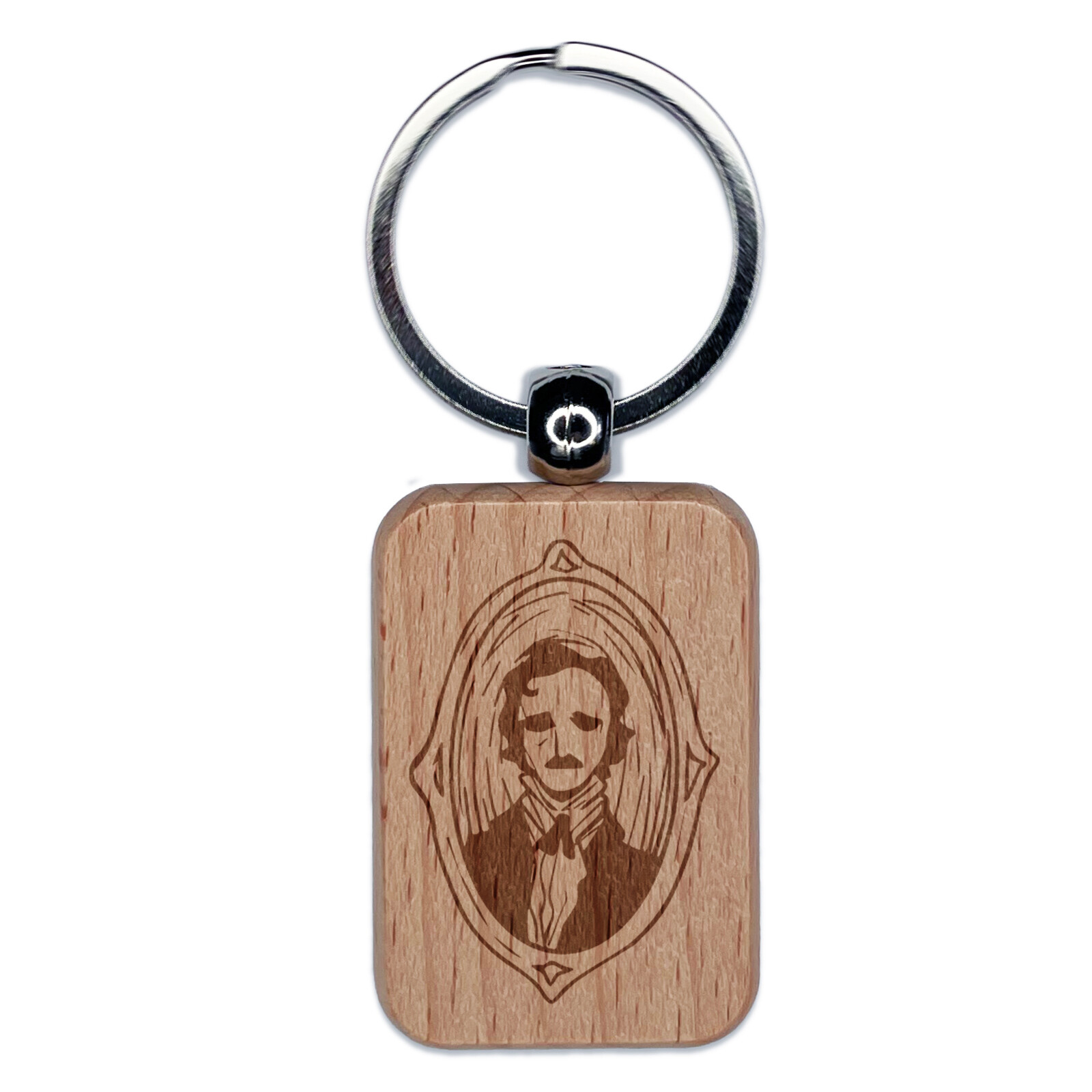 Edgar Allan Poe Victorian Portrait Engraved Wooden Keychain