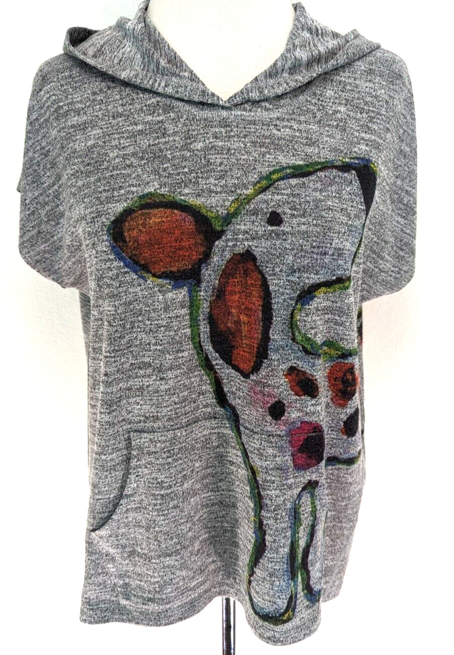 INOAH Womens Hooded T-Shirt Top S/S DOG PRINT Wearable Art Gray USA Size M VEUC*
