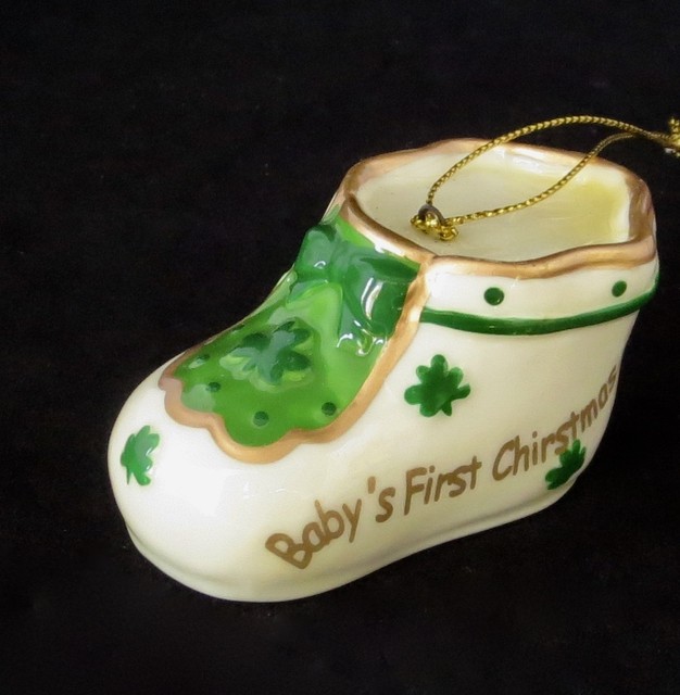 Irish Baby's First Christmas Ornament Porcelain Shoe Shamrocks Gold