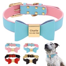 Soft Leather Cat Dog Collar with Cute Bow Tie Personalized ID Tags Name Engraved