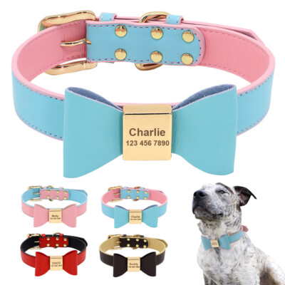 Soft Leather Cat Dog Collar with Cute Bow Tie Personalized ID Tags Name Engraved