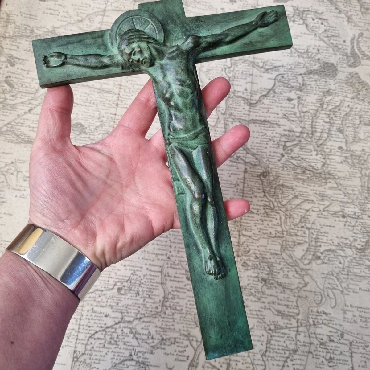 ANCIEN BENITIER CRUCIFIX CROIX BOIS CHRIST régule doré religieux fils