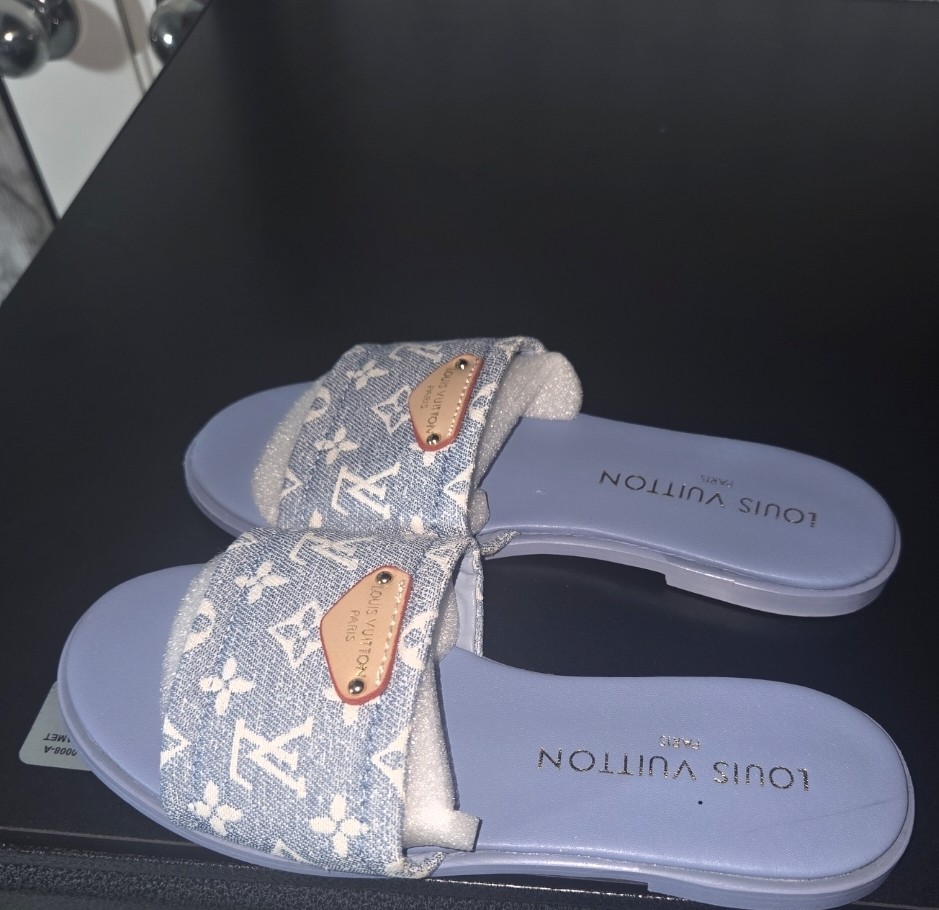 Louis Vuitton Slide Slip-On Sandals Blue Logo Cotton Women's US 9