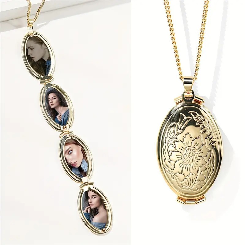 Gold Multi Photo Locket Necklace Expandable Family Memory Keepsake Pendant Gift