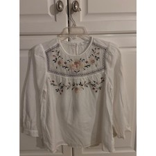 Lucky Brand White Floral Embroidered Cotton Peasant Blouse Long Sleeve Small